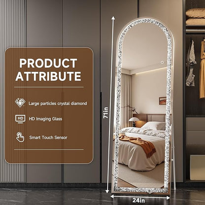 71"×24" Full-Length Mirror with Lights- Arch Crystal Crush Diamond Wall Mounted Hanging Diamond Mirror Leaning for Living Room Bedroom