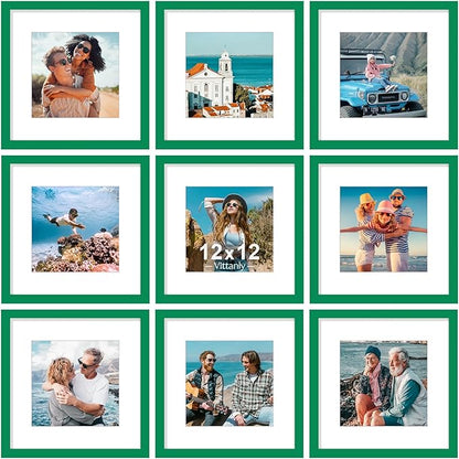 Vittanly 12x12 Picture Frames Set of 9, Shatter Resistant Plexiglass, Display 8x8 Pictures with Mat or 12x12 without Mat, Photo Frames for Wall Mount, Engineered Wood, Green