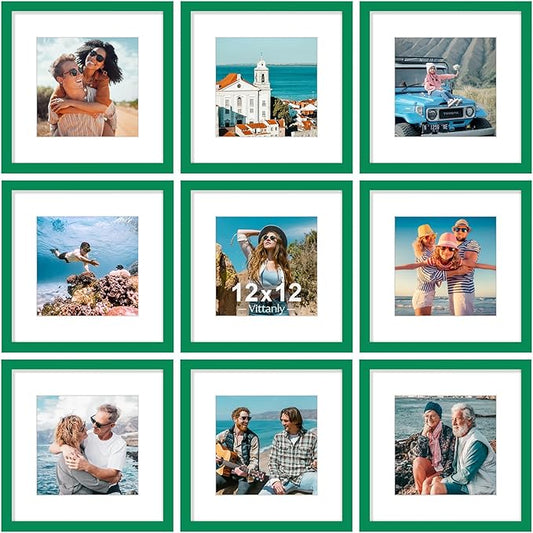 Vittanly 12x12 Picture Frames Set of 9, Shatter Resistant Plexiglass, Display 8x8 Pictures with Mat or 12x12 without Mat, Photo Frames for Wall Mount, Engineered Wood, Green