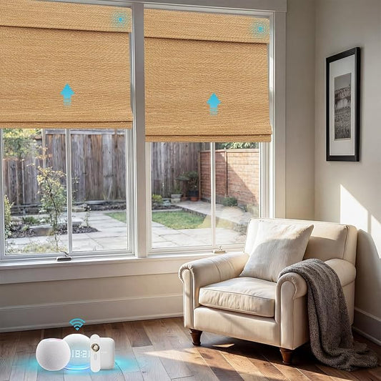 Motorized Bamboo Roman Shades, Motorized Blinds with Remote Compatible with Homekit, Alexa GoogleHome, Smart Wood Woven Shades for Indoor Windows, Customize, Amber Mesa