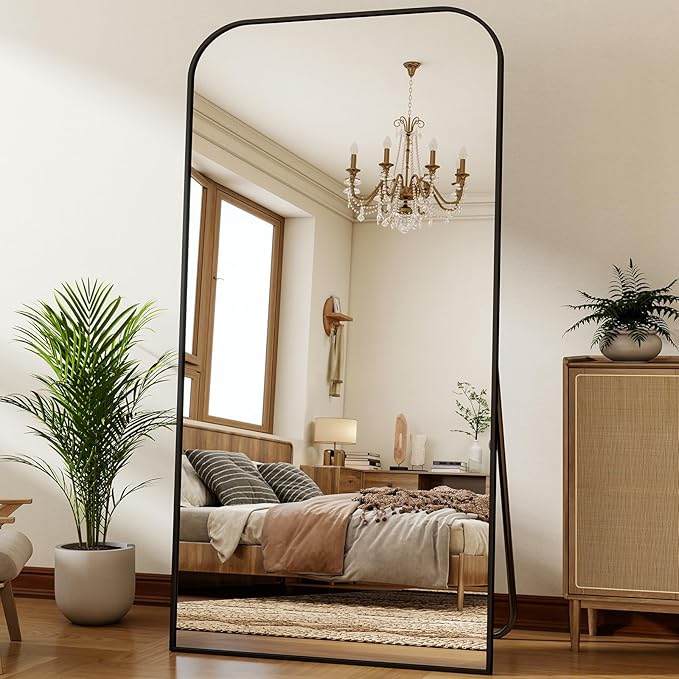 XRAMFY 40x86 Inch Floor Length Mirror with Stand, Full Length Standing Mirror for Bedroom, Full Body Tall Mirrors with Modern Aluminum Alloy Frame in Black, Home Decor
