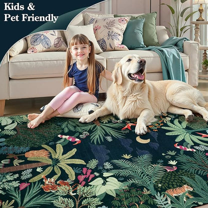 LIVEBOX Washable Jungle Dark Green Rug 5x7 for Living Room, Non-Slip Kids Bedroom Aesthetic Rug for Boy Play Room, Soft Stain Resistant Botanical Rugs for Nursery Dining Decor