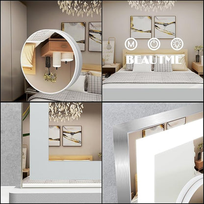 ANYHI Vanity Mirror with Lights, 28.3"x22.1" Tabletop Vanity Mirror with Lights and Stand, 3 Color Modes, 10X Magnification, Smart Touch Control, Wall Mount/Desk Mirror for Bedroom Makeup Room, Silver