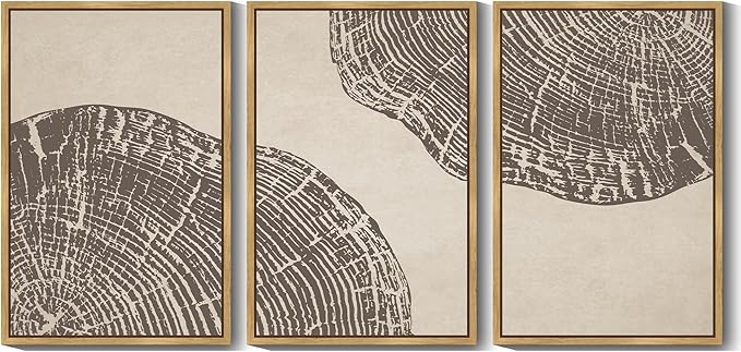PHOPAGO Farmhouse Vintage Framed Wall Art Large 24x36in Set Gray Wood Tree Ring Spirals Nature Abstract Drawings Rustic Modern Art Decor for Living Room Bedroom - Natural Framed