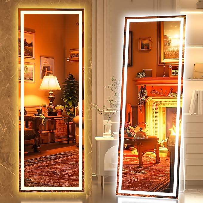 Hasipu Full Length Mirror with Lights, 56" x 18" LED Lighted Floor Standing, Full Body Dressing Hanging Mounted Mirror, Tempered Glass, Square White