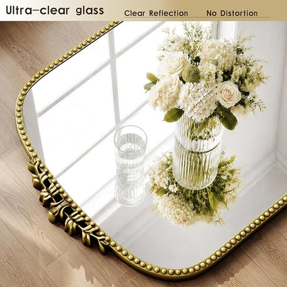 Antique Full Length Mirror 71" x 32", Antique Gold Arched Large Vintage Mirror in Baroque Style with Tempered Glass, Freestanding for Bedroom, Living Room, Cloakroom