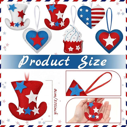 Soulchen 12 Pcs Red Blue White Ornaments Patriotic Fabric Hanging Ornaments 4th of July Stuffed Heart Star Hat Ice Cream Decor for 250th Anniversary Memorial Independence Day Farmhouse Party