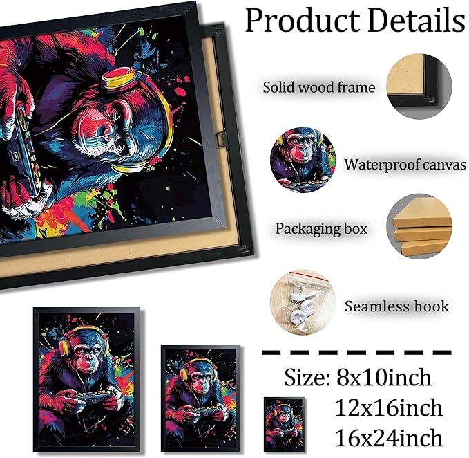 Gamer Monkey Wall Art, Gorilla Playing Video Game with Controller Canvas Print Poster, Colorful Graffiti Gaming Animal Painting, Boys Room Game Room Wall Decor 8x10 Inch Wood Framed