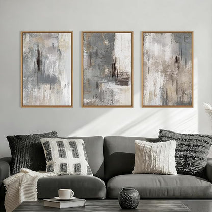 Aryroi Large Abstract Neutral Gray Beige Framed Canvas Wall Art,Modern Minimalist Earth Tone Brushstroke Wall Decor,Vintage Rustic Color Block Artwork for Living Room,Bedroom,Farmhouse- 16"x24"x3
