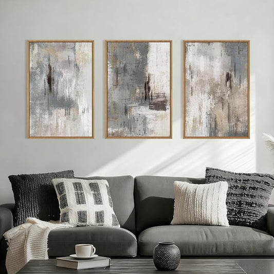 Aryroi Large Abstract Neutral Gray Beige Framed Canvas Wall Art,Modern Minimalist Earth Tone Brushstroke Wall Decor,Vintage Rustic Color Block Artwork for Living Room,Bedroom,Farmhouse- 16"x24"x3