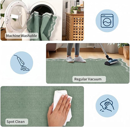 GarveeHome Scalloped Area Rugs 8x10 for Living Room, Sage Green Large Washable Rug Soft Non Slip Backing Floor Mat Carpet Indoor Thin Rug for Bedroom Dining Room Playroom Nursery Home Decor