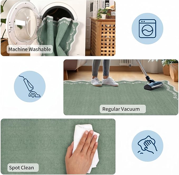GarveeHome Round Area Rugs 5ft for Bedroom, Sage Green Washable Circle Rug Soft Non Slip Floral Print Floor Mat Carpet Indoor Thin Rug for Kids Room Dining Room Playroom Nursery