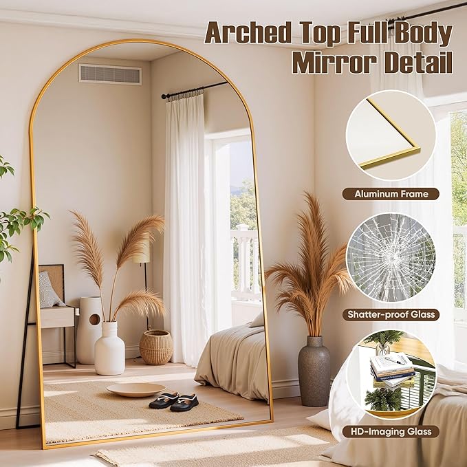 Full Length Mirror, 72"x44" Arched Full Body Mirror, Floor Mirrors with Stand, Body Mirrors Standing Hanging Leaning Against Wall,Aluminum Frame Mirrors for Bedroom Cloakroom,Living Room,Gold