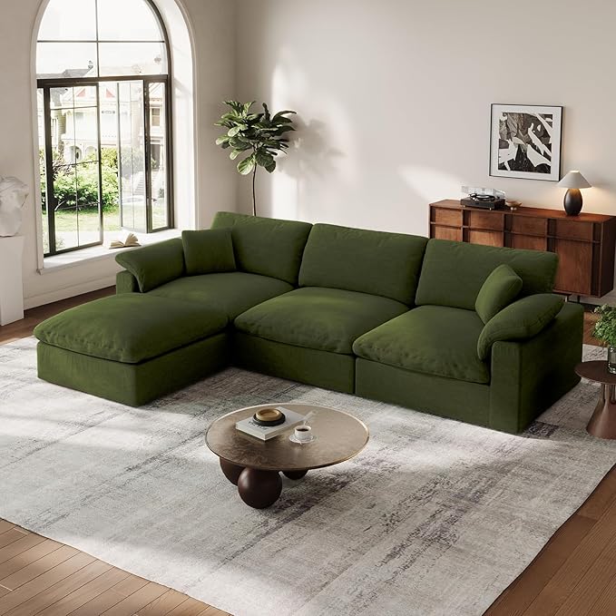 Cloud Modular Couch for Living Room,L Shape Linen Blend Sofas,Modern Deep Seat Cloud Sofas,Convertible Comfort Down Filled Sectional Couches,Removable Washable Cushion Covers,Green