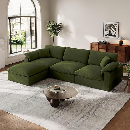 Cloud Modular Couch for Living Room,L Shape Linen Blend Sofas,Modern Deep Seat Cloud Sofas,Convertible Comfort Down Filled Sectional Couches,Removable Washable Cushion Covers,Green