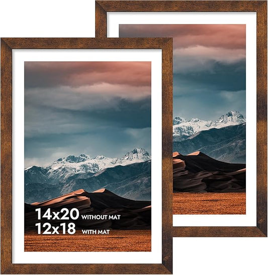 iRahmen 14x20 Picture Frame with 12x18 Mat - Plexiglass Wooden Poster Frame for Photo Wall Gallery Mounting (Dark Brown, Set of 2)