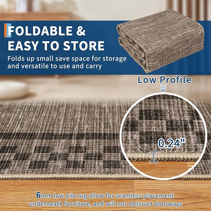 Small Bedroom Area Rug 3x5 Checkered Area Rug for Living Room Nursery Non Slip Kitchen Throw Carpet Low Pile Modern Bordered Rugs Washable Bathroom Mat Soft Brown Rugs for Laundry Entryway, Brown