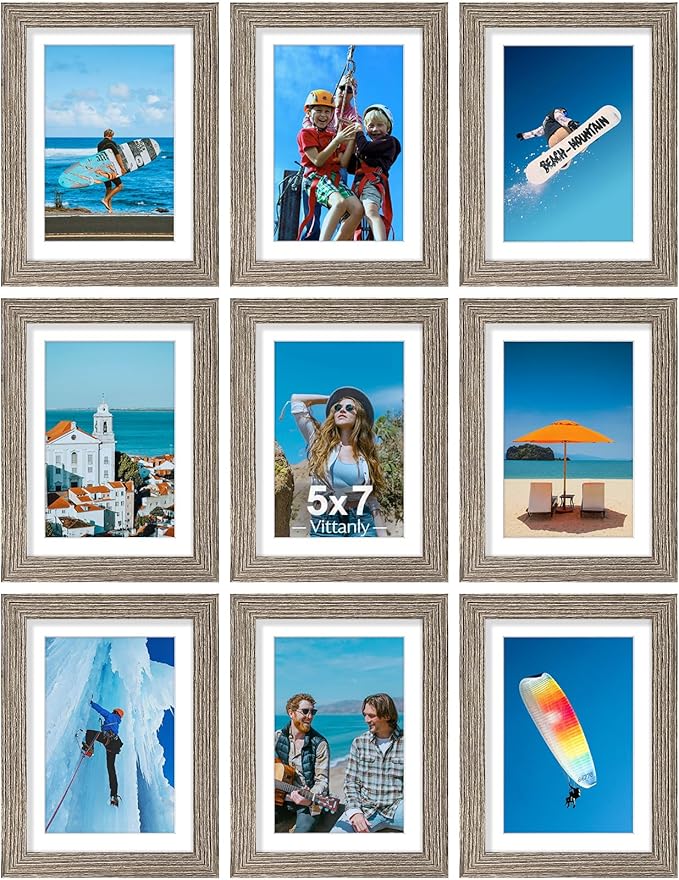 Vittanly 5x7 Picture Frames Set of 9, Display 4x6 Pictures with Mat or 5x7 without Mat, Photo Frames for Wall or Tabletop with Plexiglass, Engineered Wood, Grayish Brown
