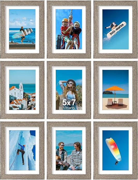 Vittanly 5x7 Picture Frames Set of 9, Display 4x6 Pictures with Mat or 5x7 without Mat, Photo Frames for Wall or Tabletop with Plexiglass, Engineered Wood, Grayish Brown