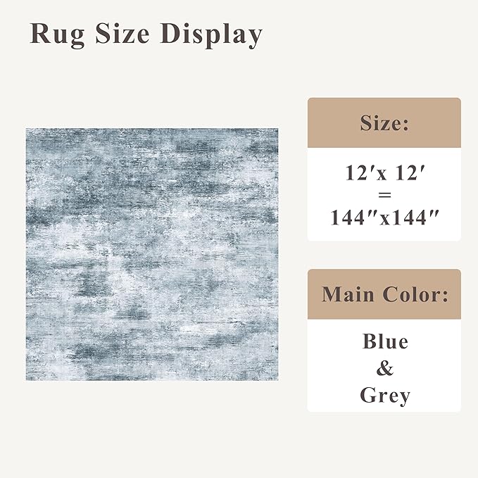 12x12ft Square Living Room Rug – Non-Slip Washable Extra Large Floor Carpet for Bedroom, Dining Room, Playroom Room – Modern Abstract Neutral Thin Low-Pile Big Indoor Rug (Misty Blue Gray)