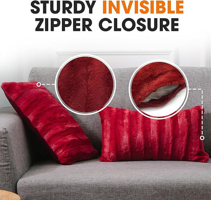 Cheer Collection Faux Fur Throw Pillows - Decorative Pillows for Couch, Bed Throw Pillows, Maroon Accent Pillows for Bedroom or Living Room Aesthetic, Set of 2 Furry Throw Pillows, 12" x 20"