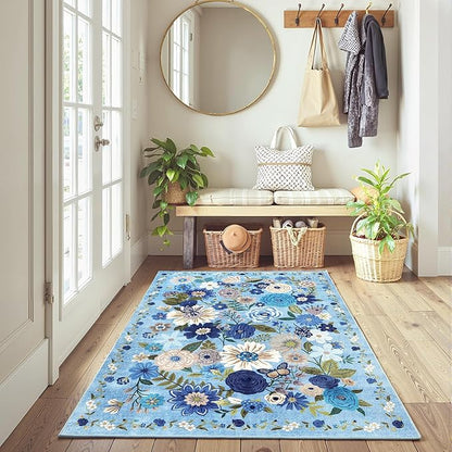 Floral Machine Washable Rug, 3x5 Rug Non Slip Soft Bedroom Rugs for Entryway Dorm, Ultra-Thin Rugs for Bedroom Stain Resistan(3 x 5, Blue Garden)