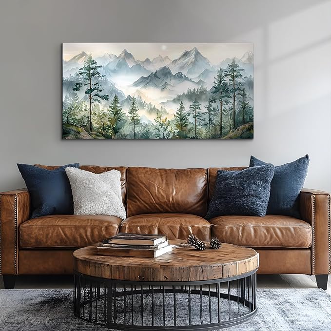 SERIMINO Large Canvas Wall Art for Living Room, Mountain Forest Landscape Canvas Prints Paintings, Nature Scenery Wall Decor, Green Modern Home Bedroom Bathroom Pictures Home Decor 29"X57"