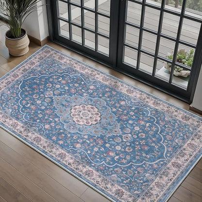 Tangsoo Vintage 2x4 Small Washable Rug for Entryway,Non-Slip Kitchen Rugs,Blue Beige Indoor Mat Soft Low Pile Front Door Carpet for Porch Bedroom Entrance Bathroom