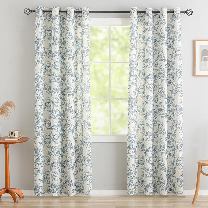 Blue Floral Curtains for Bedroom Living Room,63 Inch Length Linen Blend Curtains with Vintage Peony,Privacy Light Filtering Farmhouse Drapes Grommets 2 Panels Set, 50" W X 63" L,Navy Blue