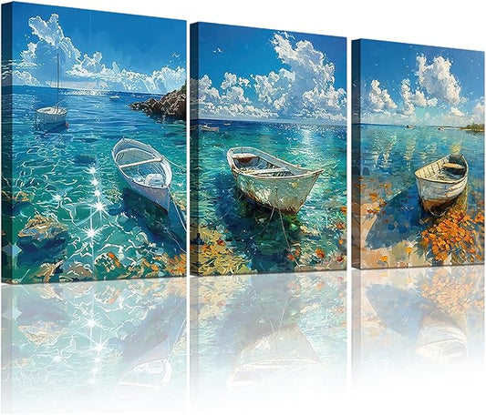 Ocean Seascape Wall Art Nautical Boat on Beach Canvas Picture Framed Art for Wall Beach Blue Paintings Modern Posters Pictures Artwork for Bathroom Living Room Home Decor 16"x24"x3