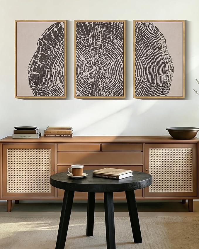 PHOPAGO Farmhouse Vintage Framed Wall Art Large 16x24in Set Gray Wood Tree Ring Spirals Nature Abstract Drawings Rustic Modern Art Decor for Living Room Bedroom - Natural Framed