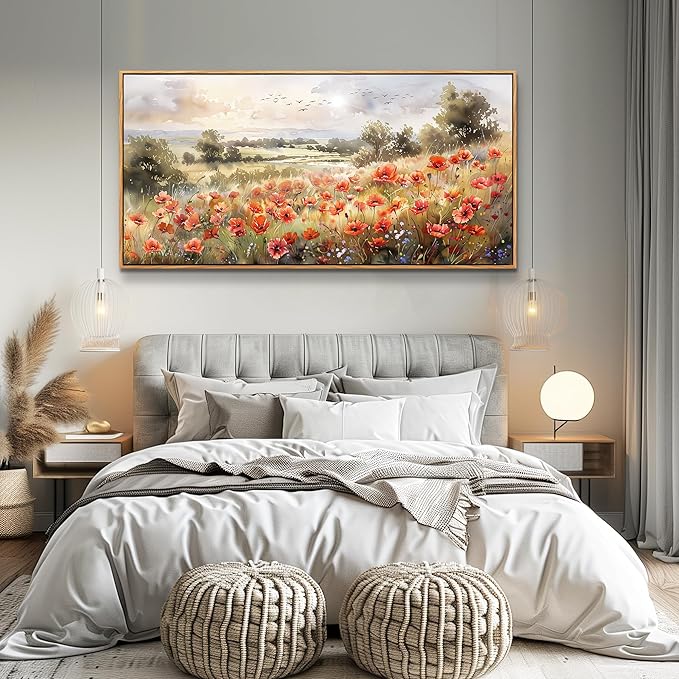 QIYILEXWART Canvas Wall Art For Living Room Large Wall Decor For Office Bedroom Decorations Red Blooms Field Landscape Pictures Farmhouse Painting Artwork Room Wall Mural Aesthetic Home Decor 30x60 In