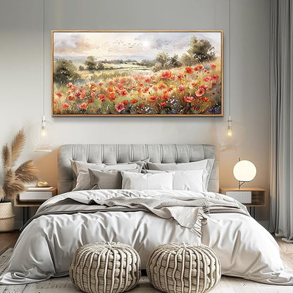 QIYILEXWART Canvas Wall Art For Living Room Large Wall Decor For Office Bedroom Decorations Red Blooms Field Landscape Pictures Farmhouse Painting Artwork Room Wall Mural Aesthetic Home Decor 30x60 In
