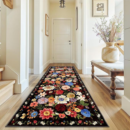 Rug for Hallways Kitchen Rug 3x7, Non Slip Washable Runner Rug with Rubber Backing Soft Floral Carpet for Hallways, Kitchen, Laundry, Bedroom, Bathroom (3 x 7, Black/Brown)