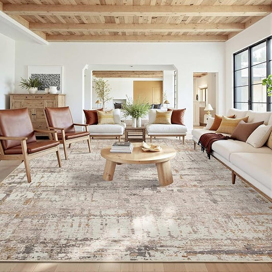 Rugxara 10x14 Extra Large Washable Area Rug, Soft Abstract Vintage Rug for Living Room, Bedroom, Office, Farmhouse, Low Pile Imitation Wool Non Slip Carpet Ideal for High-Traffic Areas, Beige Grey