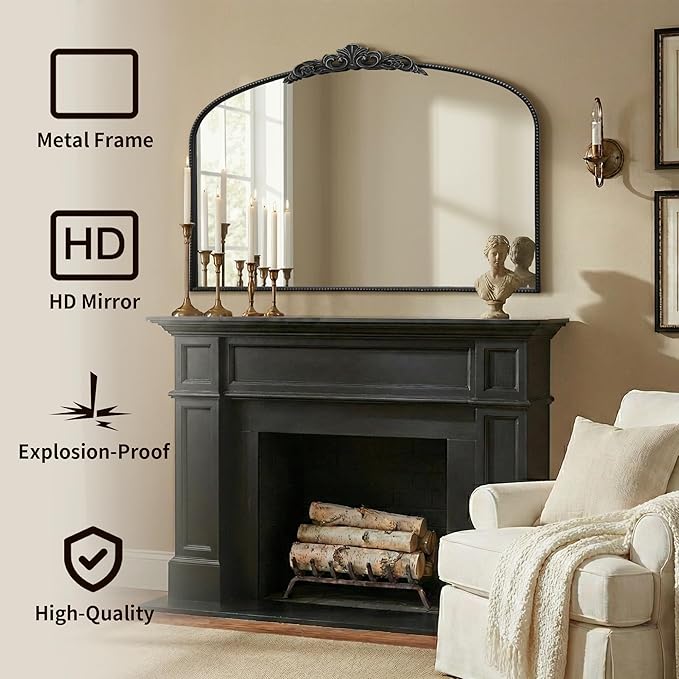 Micasso Large Vintage Black Mirror: 48"x33" French Baroque Antique Arched Mirror - Traditional Ornate Decorative for Wall/Fireplace/Mantel/Entryway/Bathroom/Hallway - Home Decor for Living Room