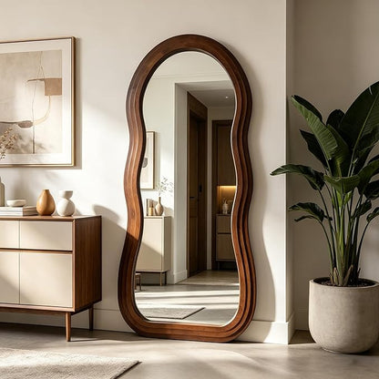 Wavy Full Length Mirror, 67"x31.5" Large Irregular Aesthetic Mirrors with Triple Layer Solid Wood Frame, Premium Organic Floor Mirror for Living Room Entryway Hallway, Leaning/Hanging