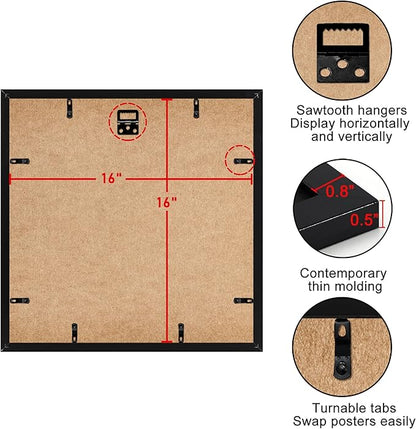 ELSKER&HOME 16x16 Picture Frame Black Set of 3, Square Picture Frame Display Photo 12x12 with Mat or 16 x 16 Without Mat, Horizontal and Vertical Wall Mounting
