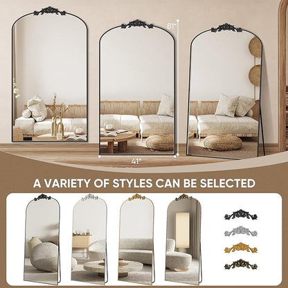 Antok Arched Full Length Mirror, 81"x41" Floor Mirror with Carved, Full Body Mirrors for HomeDecor, Standing/Halling Large Wall Mirror for Bedroom, Living Room, Cloakroom, Black, Retro Style