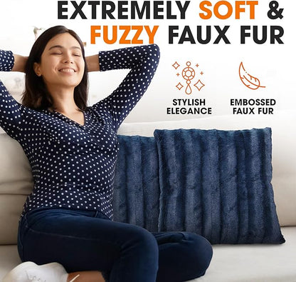 Cheer Collection Faux Fur Throw Pillows - Decorative Pillows for Couch, Bed Throw Pillows, Blue Accent Pillows for Bedroom or Living Room Aesthetic, Set of 2 Furry Throw Pillows, 24" x 24"