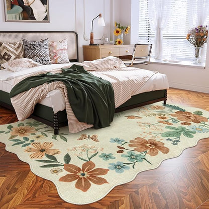 Lahome Floral Living Room Rug, 5x7 Rugs for Bedroom Ultra-Thin Soft Washable Dining Room Rug, Non Slip Stain Resistant Boho Low-Pile Throw Carpet for ‎Office Flore (5x7ft,Beige)