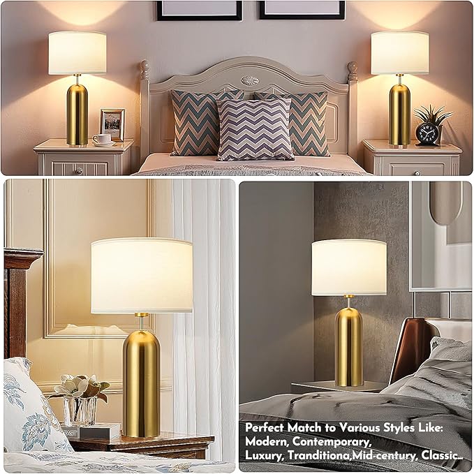 MoMyofdy Gold Lamps Set of 2 Touch Control 3-Way Dimmable Bedside Nightstand Lamps Bedroom Lamps Modern White& Gold Table Lamp with USB Type C Ports Tall Lamps for Living Room End Table Home Office