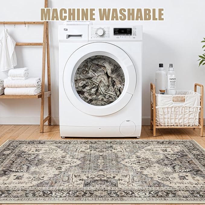 Area Rug for Living Room - 9x12 Soft Machine Washable Oriental Vintage Floral Distressed Large Indoor Floor Carpet for Bedroom Under Dining Table Home Office Decor - Brown