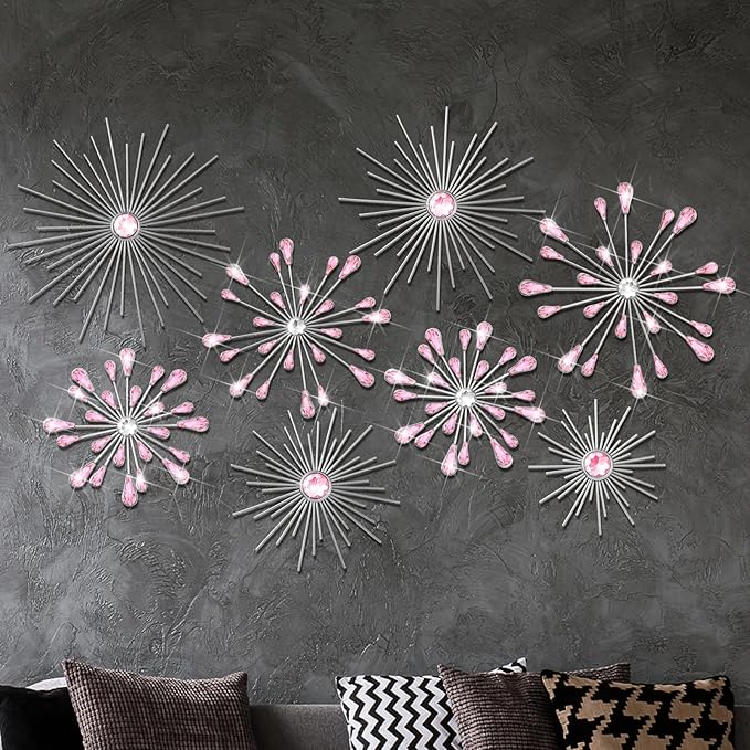 Blulu 8 Pcs Pink Metal Wall Art Cast Iron Starburst Wall Decor Bling Crystal Sculptures Living Room 3D Teardrop Radial Rhinestone Hanging Diamond Accents for Home Office Bedroom Entryway
