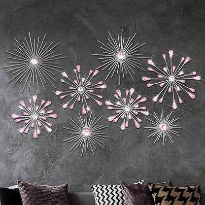 Blulu 8 Pcs Pink Metal Wall Art Cast Iron Starburst Wall Decor Bling Crystal Sculptures Living Room 3D Teardrop Radial Rhinestone Hanging Diamond Accents for Home Office Bedroom Entryway