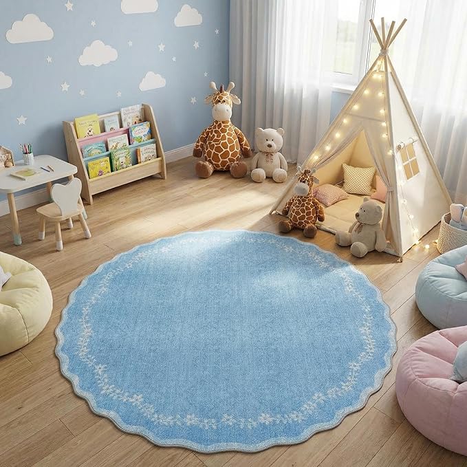 GarveeHome Round Area Rugs 4ft for Kids Room, Solid Blue Scalloped Washable Circle Rug Soft Non Slip Floral Print Floor Mat Carpet Indoor Thin Tent Rug for Bedroom Dining Room Playroom Nursery