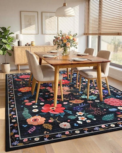 Macgace 5x7 Black Floral Rug for Girls Bedroom, Machine Washable Area Rugs with Non Slip Backingfor Living Room, Cute Flowers Carpet Kitchen Dining Room Kids Playroom Decor