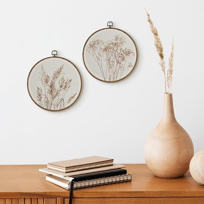 TLESKE Beige Rustic Fall Botanical Round Wall Art Decor Set of 2, Boho Autumn Wildflower Floral Framed Canvas Prints Wall Art Artwork, Neutral Vintage Wall Hanging Decor for Farmhouse Bedroom Living Room 10x10