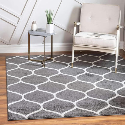 Unique Loom Trellis Frieze Collection Area Rug - Rounded (6' Square, Dark Gray/ Ivory)