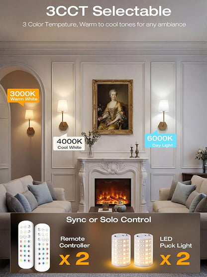 CLOUDY BAY 10000mAh Battery Operated Wall Sconces,Up to 100 Hours with Rechargeable RGB Dimmable Magnetic Bulb,Cordless Wall Lighting Fixtures with Remote for Bedroom,Soft Gold,2 Pack-17.9inch